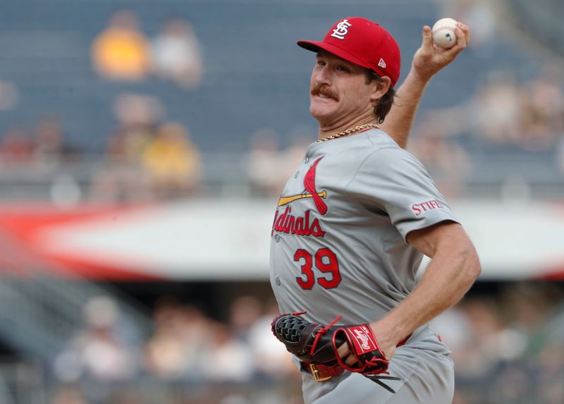 Jul 3, 2024; Pittsburgh, Pennsylvania, USA;  St. Louis Cardinals starting pitcher Miles Mikolas (39) delivers a pitch against the Pittsburgh Pirates during the first inning at PNC Park. Mandatory Credit: Charles LeClaire-USA TODAY Sports