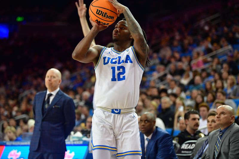 January 14, 2024; Los Angeles, California, USA; UCLA Bruins guard Sebastian Mack (12) shoots against the Washington Huskies during the second half at Pauley Pavilion. Mandatory Credit: Gary A. Vasquez-USA TODAY Sports