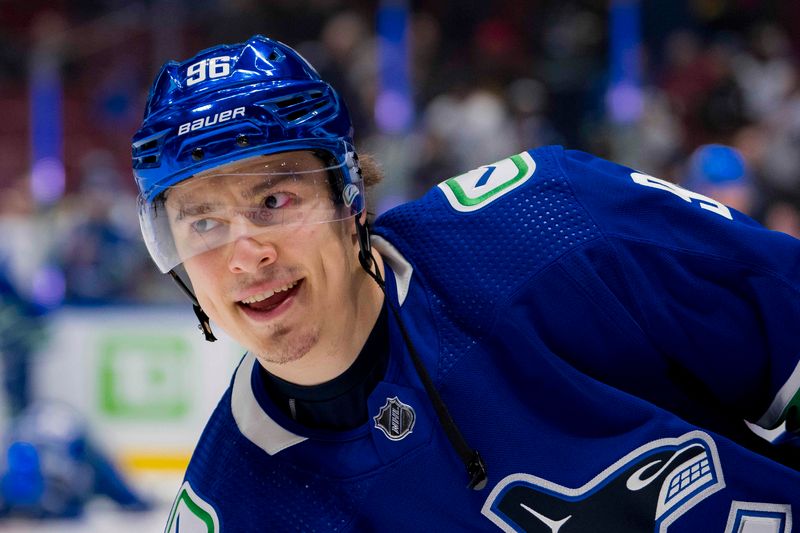 Jan 24, 2024; Vancouver, British Columbia, CAN; Vancouver Canucks forward Andrei Kuzmenko (96) smiles during warm up prior to a game against the St. Louis Blues at Rogers Arena. Mandatory Credit: Bob Frid-USA TODAY Sports