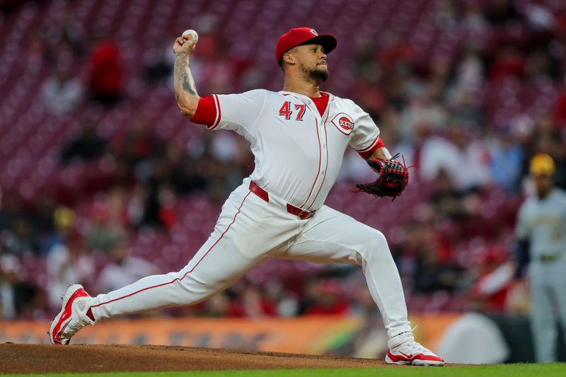 Apr 9, 2024; Cincinnati, Ohio, USA; Cincinnati Reds starting pitcher Frankie Montas (47) pitches against the Milwaukee Brewers in the first inning at Great American Ball Park. Mandatory Credit: Katie Stratman-USA TODAY Sports