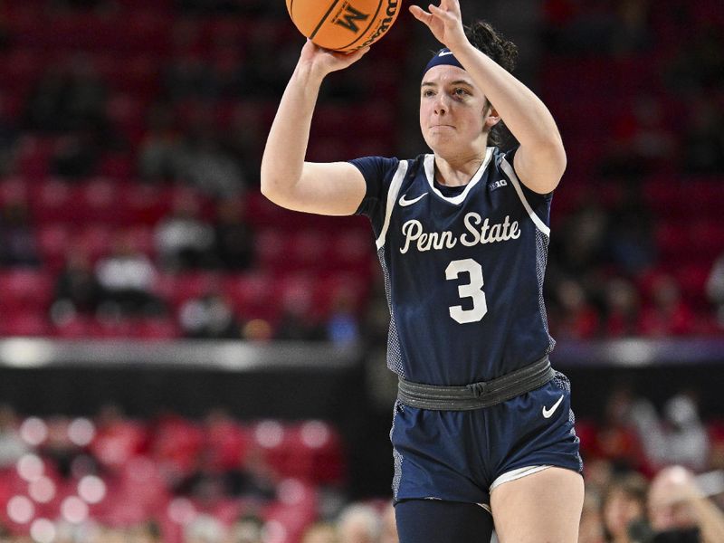 Feb 18, 2024; College Park, Maryland, USA;  Penn State Nittany Lions guard Moriah Murray (3) shoots a three point basket  during the first half against the Maryland Terrapins at Xfinity Center. Mandatory Credit: Tommy Gilligan-USA TODAY Sports