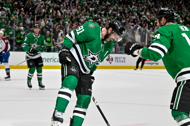 May 9, 2024; Dallas, Texas, USA; Dallas Stars center Tyler Seguin (91) celebrates after he scores a shorthanded goal against the Colorado Avalanche during the second period in game two of the second round of the 2024 Stanley Cup Playoffs at American Airlines Center. Mandatory Credit: Jerome Miron-USA TODAY Sports