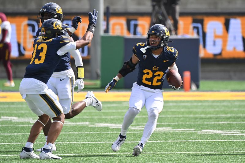 Sep 30, 2023; Berkeley, California, USA; California Golden Bears defensive back Matthew Littlejohn (22) reacts after intercepting a pass against the Arizona State Sun Devils during the fourth quarter at California Memorial Stadium. Mandatory Credit: Robert Edwards-USA TODAY Sports