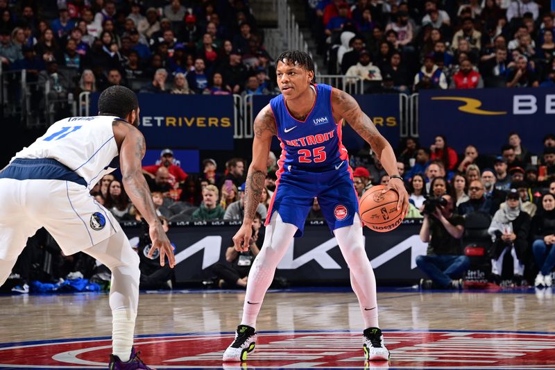 DETROIT, MI - MARCH 9: Marcus Sasser #25 of the Detroit Pistons dribbles the ball during the game against the Dallas Mavericks on March 9, 2024 at Little Caesars Arena in Detroit, Michigan. NOTE TO USER: User expressly acknowledges and agrees that, by downloading and/or using this photograph, User is consenting to the terms and conditions of the Getty Images License Agreement. Mandatory Copyright Notice: Copyright 2024 NBAE (Photo by Chris Schwegler/NBAE via Getty Images)