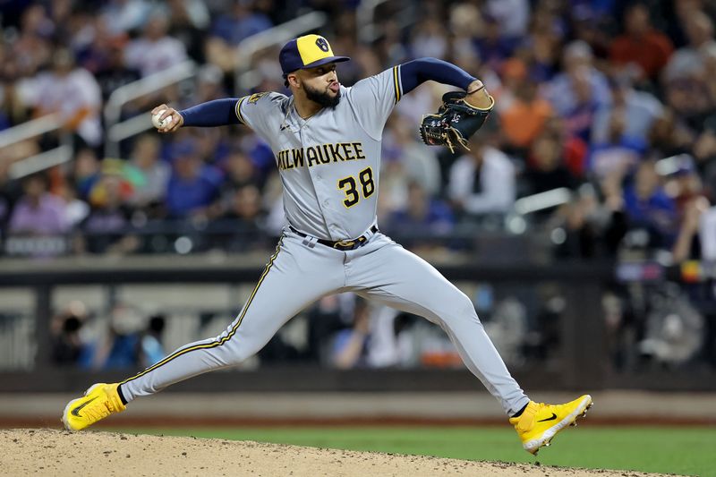 Jun 26, 2023; New York City, New York, USA; Milwaukee Brewers relief pitcher Devin Williams (38) pitches against the New York Mets during the ninth inning at Citi Field. Mandatory Credit: Brad Penner-USA TODAY Sports