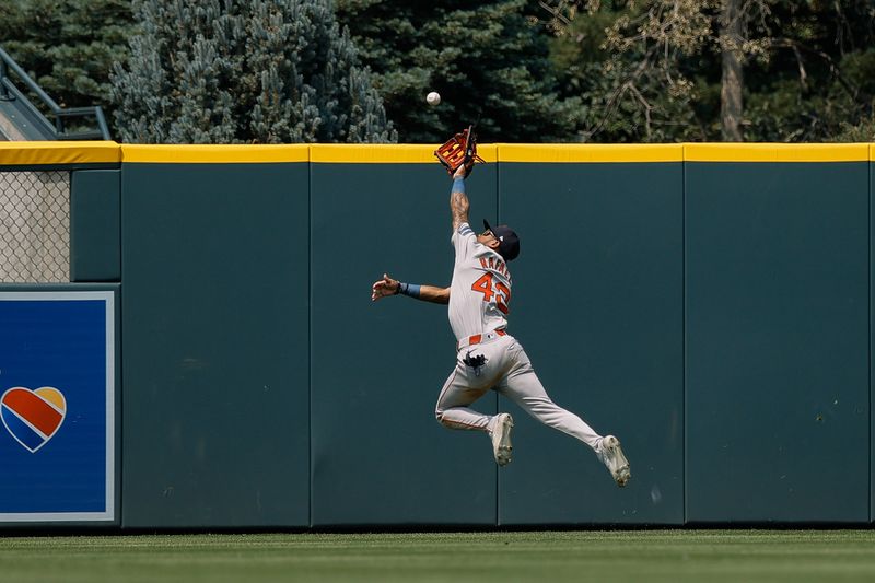 Jul 24, 2024; Denver, Colorado, USA; Boston Red Sox center fielder Ceddanne Rafaela (43) is unable to make a catch in the fourth inning against the Colorado Rockies at Coors Field. Mandatory Credit: Isaiah J. Downing-USA TODAY Sports
