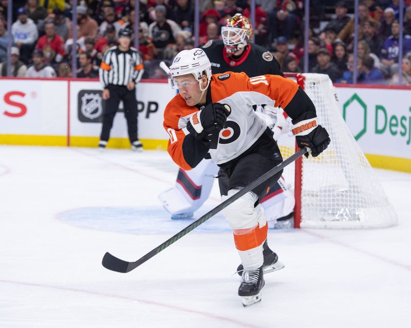 Oct 23, 2025; Ottawa, Ontario, CAN; Philadelphia Flyers right wing Bobby Brink (10) skates in the second period against the Ottawa Senators at the Canadian Tire Centre. Mandatory Credit: Marc DesRosiers-IMAGN Images