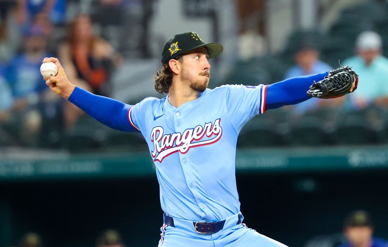 May 19, 2024; Arlington, Texas, USA; Texas Rangers pitcher Michael Lorenzen (23) throws during the first inning against the Los Angeles Angels at Globe Life Field. Mandatory Credit: Kevin Jairaj-USA TODAY Sports