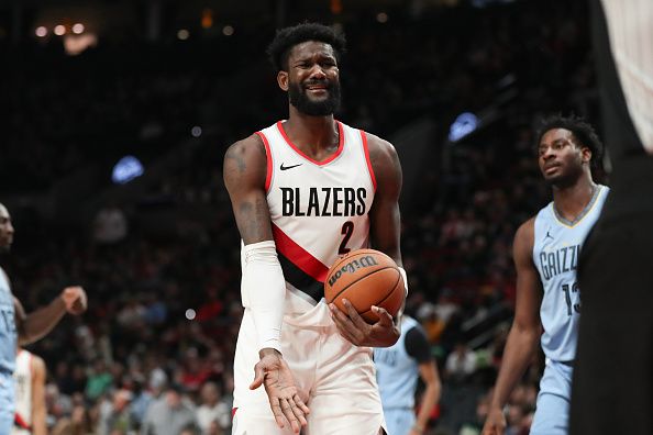 PORTLAND, OREGON - NOVEMBER 05: Deandre Ayton #2 of the Portland Trail Blazers reacts to a call during the third quarter against the Memphis Grizzlies at Moda Center on November 05, 2023 in Portland, Oregon. NOTE TO USER: User expressly acknowledges and agrees that, by downloading and or using this photograph, User is consenting to the terms and conditions of the Getty Images License Agreement.? (Photo by Amanda Loman/Getty Images)