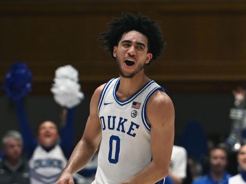 Feb 12, 2024; Durham, North Carolina, USA;  Duke Blue Devils guard Jared McCain (0) reacts during the second half against the Wake Forest Deamon Deacons at Cameron Indoor Stadium. The Blue Devils won 77-69. Mandatory Credit: Rob Kinnan-USA TODAY Sports