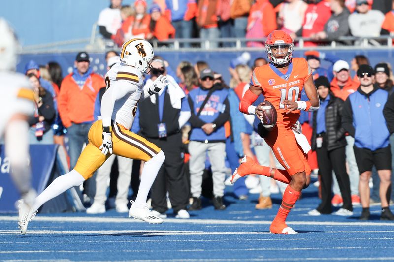 Oct 28, 2023; Boise, Idaho, USA; Boise State Broncos quarterback Taylen Green (10) during the first half against the Wyoming Cowboys at Albertsons Stadium. Mandatory Credit: Brian Losness-USA TODAY Sports
