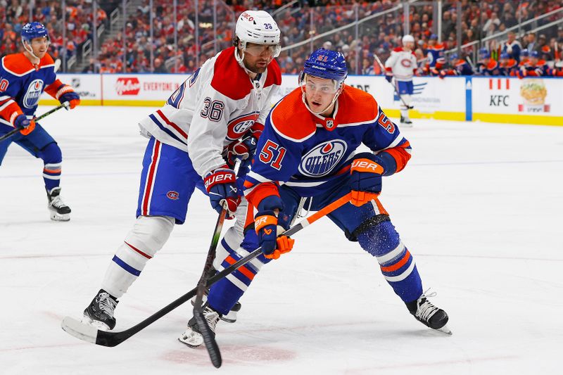 Mar 19, 2024; Edmonton, Alberta, CAN; Edmonton Oilers defensemen Troy Stecher (51) and goaltender Jack Campbell (36) battle for position during the second period at Rogers Place. Mandatory Credit: Perry Nelson-USA TODAY Sports