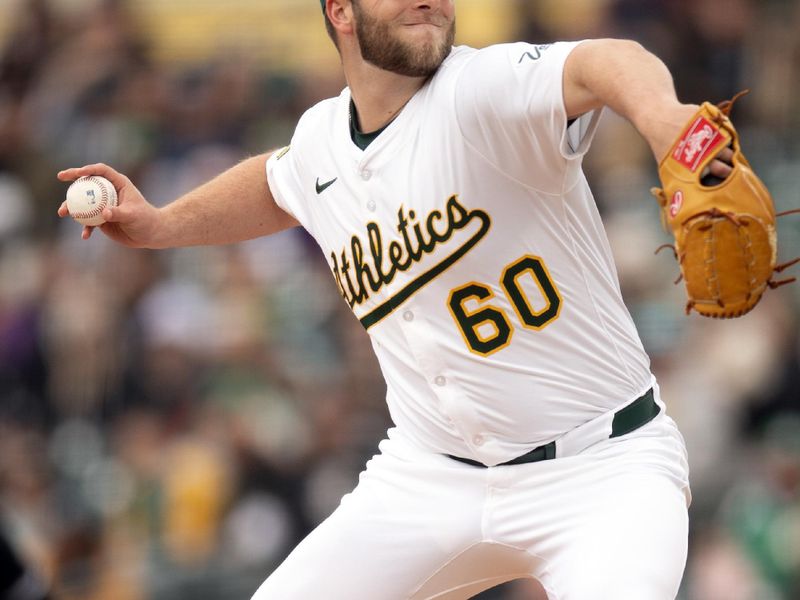 Apr 27, 2025; West Sacramento, California, USA; Athletics pitcher Justin Sterner (60) delivers a pitch against the Chicago White Sox during the seventh inning at Sutter Health Park. Mandatory Credit: D. Ross Cameron-Imagn Images