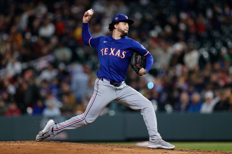 May 10, 2024; Denver, Colorado, USA; Texas Rangers relief pitcher Yerry Rodríguez (57) pitches in the eighth inning against the Colorado Rockies at Coors Field. Mandatory Credit: Isaiah J. Downing-USA TODAY Sports