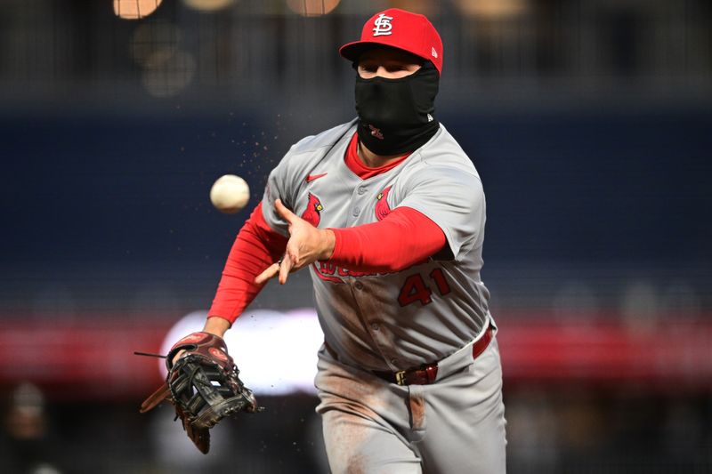 Apr 8, 2025; Pittsburgh, Pennsylvania, USA; St. Louis Cardinals first baseman Alec Burleson (41) tosses the ball to first base during the fifth inning against the Pittsburgh Pirates at PNC Park. Mandatory Credit: David Dermer-Imagn Images