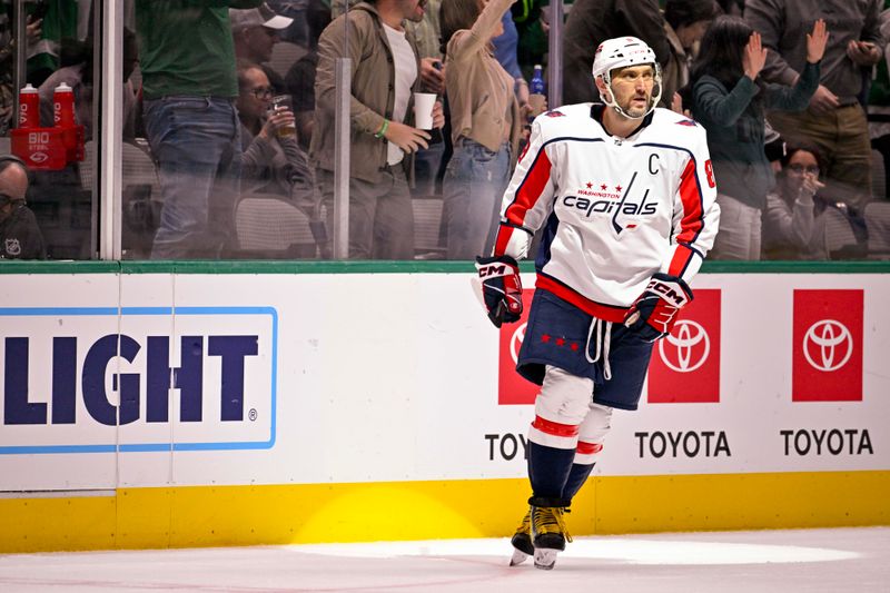 Oct 27, 2022; Dallas, Texas, USA; Washington Capitals left wing Alex Ovechkin (8) reacts to the Capitals giving up a shorthanded goal to the Dallas Stars during the third period at the American Airlines Center. Mandatory Credit: Jerome Miron-USA TODAY Sports