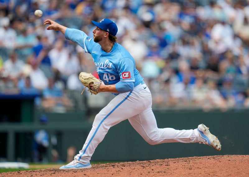 Jun 13, 2024; Kansas City, Missouri, USA; Kansas City Royals starting pitcher Alec Marsh (48) pitches during the sixth inning against the New York Yankees at Kauffman Stadium. Mandatory Credit: Jay Biggerstaff-USA TODAY Sports