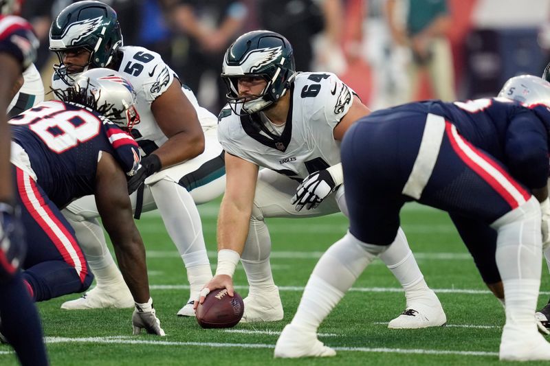 Philadelphia Eagles offensive tackle Brett Toth during the first half of an NFL preseason football game against the New England Patriots, Thursday, Aug. 15, 2024, in Foxborough, Mass. (AP Photo/Charles Krupa)