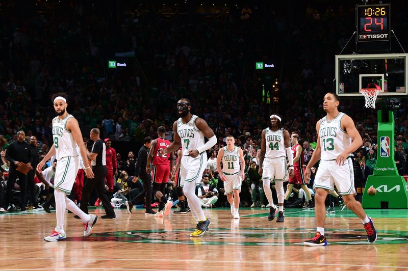 BOSTON, MA - MAY 17: The Boston Celtics look on during Game 1 of the Eastern Conference Finals 2023 NBA Playoffs on May 17, 2023 at the TD Garden in Boston, Massachusetts. NOTE TO USER: User expressly acknowledges and agrees that, by downloading and or using this photograph, User is consenting to the terms and conditions of the Getty Images License Agreement. Mandatory Copyright Notice: Copyright 2023 NBAE  (Photo by Brian Babineau/NBAE via Getty Images)