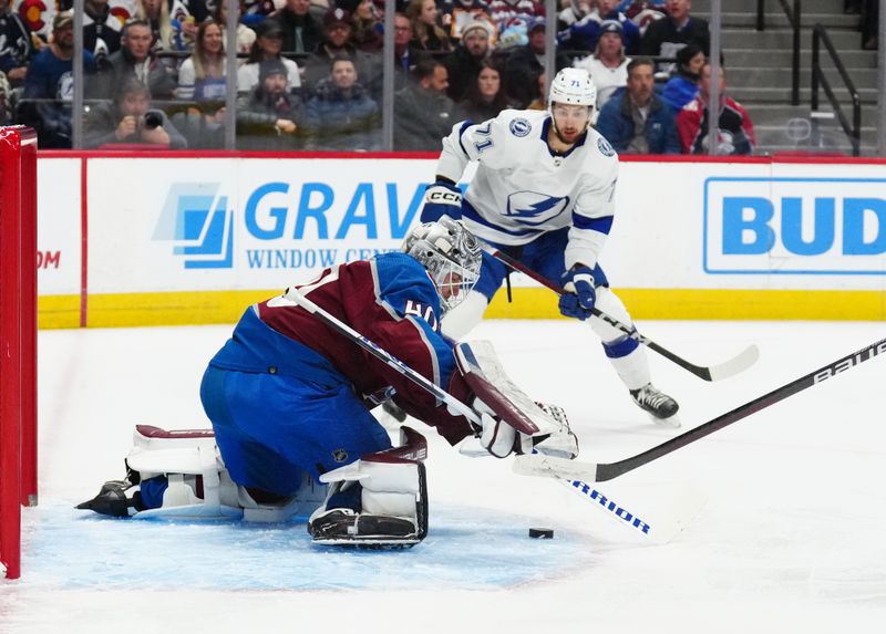 Nov 27, 2023; Denver, Colorado, USA; Colorado Avalanche goaltender Alexandar Georgiev (40) makes a save on Tampa Bay Lightning center Anthony Cirelli (71) in the first period at Ball Arena. Mandatory Credit: Ron Chenoy-USA TODAY Sports