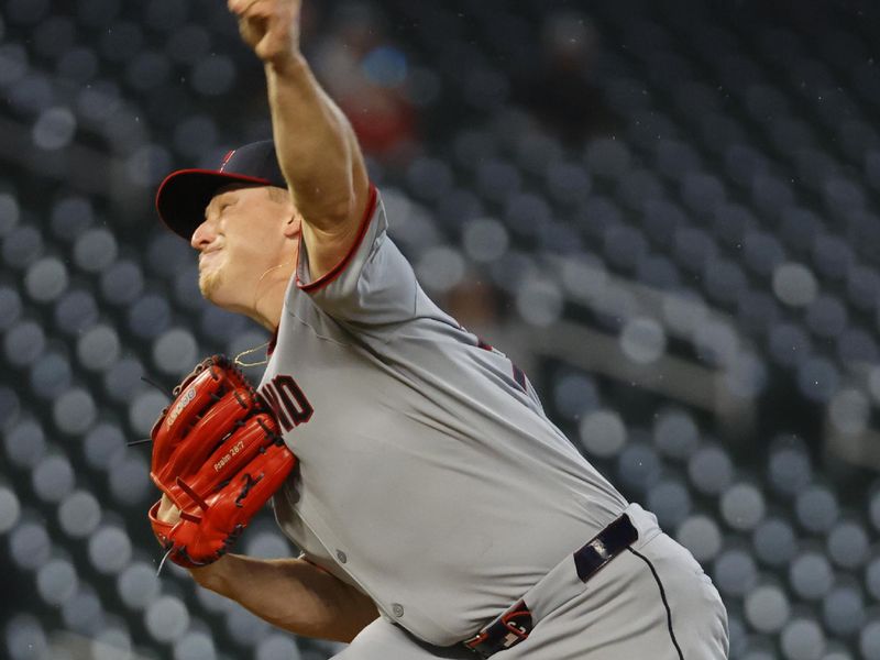 Sep 19, 2025; Minneapolis, Minnesota, USA; Cleveland Guardians starting pitcher Parker Messick (77) throws to the Minnesota Twins in the first inning at Target Field. Mandatory Credit: Bruce Kluckhohn-Imagn Images