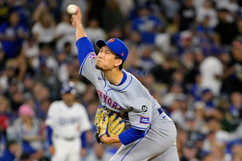 Oct 20, 2024; Los Angeles, California, USA; New York Mets pitcher Kodai Senga (34) pitches in the seventh inning against the Los Angeles Dodgers during game six of the NLCS for the 2024 MLB playoffs at Dodger Stadium. Mandatory Credit: Jayne Kamin-Oncea-Imagn Images