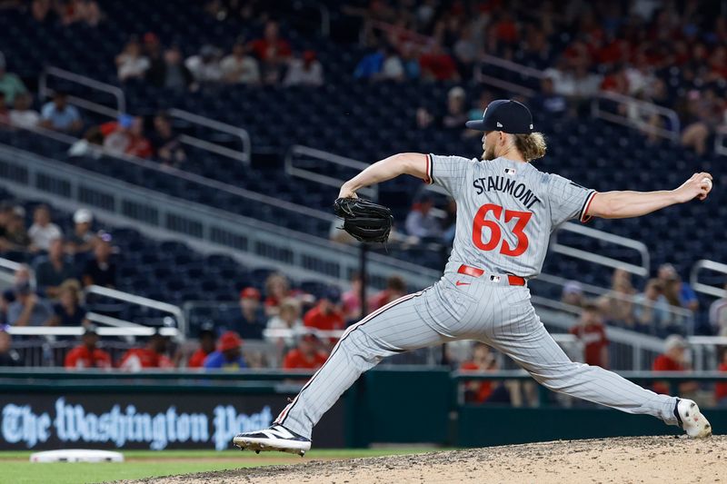 May 21, 2024; Washington, District of Columbia, USA; Minnesota Twins relief pitcher Josh Staumont (63) pitches against the Washington Nationals during the ninth inning at Nationals Park. Mandatory Credit: Geoff Burke-USA TODAY Sports