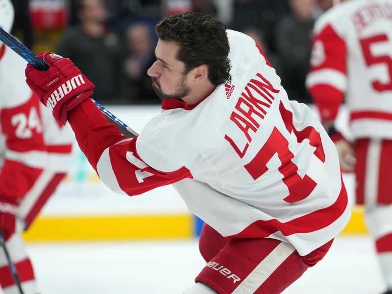 Jan 19, 2023; Las Vegas, Nevada, USA; Detroit Red Wings center Dylan Larkin (71) warms up before a game against the Vegas Golden Knights at T-Mobile Arena. Mandatory Credit: Stephen R. Sylvanie-USA TODAY Sports