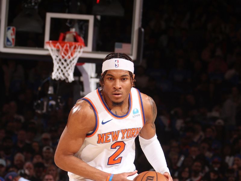 NEW YORK, NY - APRIL 20:  Miles McBride #2 of the New York Knicks handles the ball during the game  against the Philadelphia 76ers during Round 1 Game 1 of the 2024 NBA Playoffs on April 20, 2024 at Madison Square Garden in New York City, New York.  NOTE TO USER: User expressly acknowledges and agrees that, by downloading and or using this photograph, User is consenting to the terms and conditions of the Getty Images License Agreement. Mandatory Copyright Notice: Copyright 2024 NBAE  (Photo by Nathaniel S. Butler/NBAE via Getty Images)