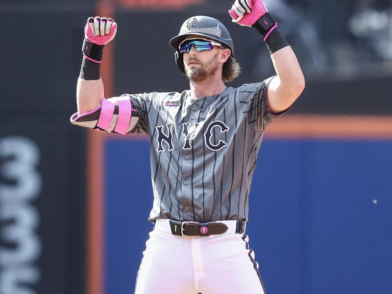 Jul 13, 2024; New York City, New York, USA;  New York Mets second baseman Jeff McNeil (1) celebrates after hitting a two run double in the second inning against the Colorado Rockies at Citi Field. Mandatory Credit: Wendell Cruz-USA TODAY Sports