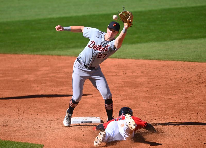 Oct 5, 2024; Cleveland, Ohio, USA; Cleveland Guardians second baseman Andres Gimenez (0) steals second base against Detroit Tigers shortstop Trey Sweeney (27) in the third inning in game one of the ALDS for the 2024 MLB Playoffs at Progressive Field. Mandatory Credit: David Richard-Imagn Images