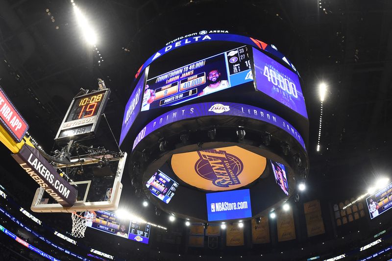 LOS ANGELES, CA - MARCH 2: A view of the Jumbotron honoring LeBron James #23 of the Los Angeles Lakers after scoring his 40,000th career point during the game against the Denver Nuggets on March 2, 2024 at Crypto.Com Arena in Los Angeles, California. NOTE TO USER: User expressly acknowledges and agrees that, by downloading and/or using this Photograph, user is consenting to the terms and conditions of the Getty Images License Agreement. Mandatory Copyright Notice: Copyright 2024 NBAE (Photo by Andrew D. Bernstein/NBAE via Getty Images)