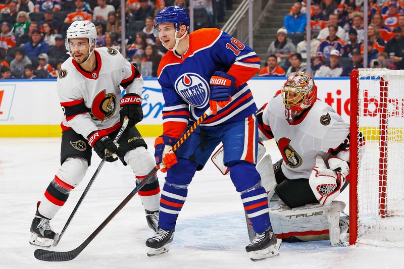 Jan 6, 2024; Edmonton, Alberta, CAN; Edmonton Oilers forward Zach Hyman (18) tries to screen Ottawa Senators goaltender Anton Forsberg (31) during the third period at Rogers Place. Mandatory Credit: Perry Nelson-USA TODAY Sports