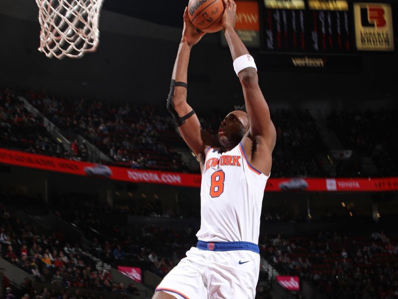 PORTLAND, OR - MARCH 14: OG Anunoby #8 of the New York Knicks drives to the basket during the game against the Portland Trail Blazers on March 14, 2024 at the Moda Center Arena in Portland, Oregon. NOTE TO USER: User expressly acknowledges and agrees that, by downloading and or using this photograph, user is consenting to the terms and conditions of the Getty Images License Agreement. Mandatory Copyright Notice: Copyright 2024 NBAE (Photo by Cameron Browne/NBAE via Getty Images)