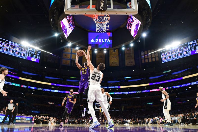 LOS ANGELES, CA - FEBRUARY 23:  Spencer Dinwiddie #26 of the Los Angeles Lakers goes to the basket during the game on February 23, 2024 at Crypto.Com Arena in Los Angeles, California. NOTE TO USER: User expressly acknowledges and agrees that, by downloading and/or using this Photograph, user is consenting to the terms and conditions of the Getty Images License Agreement. Mandatory Copyright Notice: Copyright 2024 NBAE (Photo by Adam Pantozzi/NBAE via Getty Images)