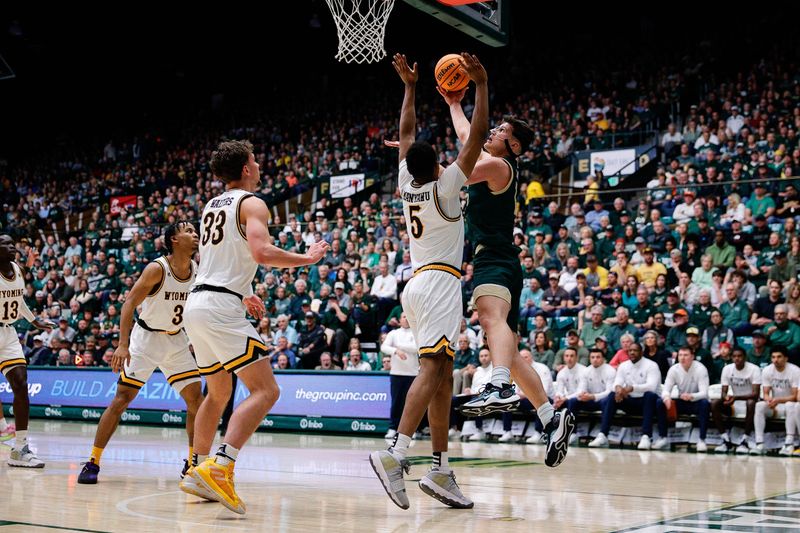 Mar 2, 2024; Fort Collins, Colorado, USA; Colorado State Rams forward Patrick Cartier (12) drives to the basket against Wyoming Cowboys forward Cam Manyawu (5) as forward Mason Walters (33) and guard Sam Griffin (3) look on in the first half at Moby Arena. Mandatory Credit: Isaiah J. Downing-USA TODAY Sports