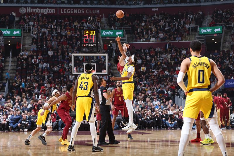 CLEVELAND, OH - APRIL 12: The opening tip off during the game between the Indiana Pacers and the Cleveland Cavaliers on April 12, 2024 at Rocket Mortgage FieldHouse in Cleveland, Ohio. NOTE TO USER: User expressly acknowledges and agrees that, by downloading and/or using this Photograph, user is consenting to the terms and conditions of the Getty Images License Agreement. Mandatory Copyright Notice: Copyright 2024 NBAE (Photo by Jeff Haynes/NBAE via Getty Images)