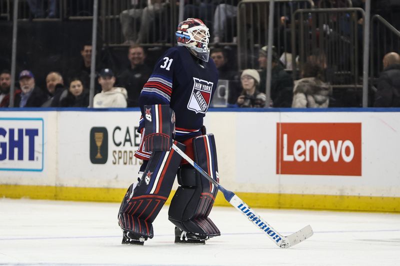 Dec 14, 2024; New York, New York, USA;  New York Rangers goaltender Igor Shesterkin (31) skates off the ice after he is removed from the game in the second period against the Los Angeles Kings at Madison Square Garden. Mandatory Credit: Wendell Cruz-Imagn Images