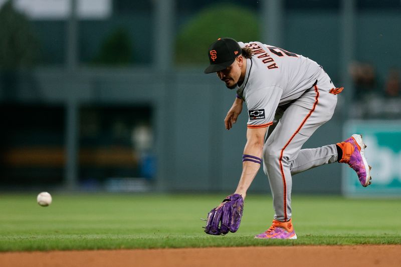 Sep 3, 2025; Denver, Colorado, USA; San Francisco Giants shortstop Willy Adames (2) is unable to field the ball in the fifth inning against the Colorado Rockies at Coors Field. Mandatory Credit: Isaiah J. Downing-Imagn Images