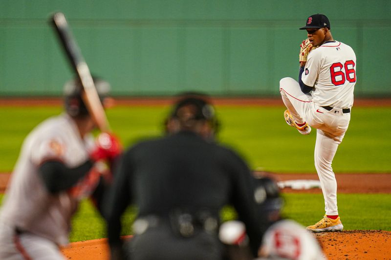 Sep 9, 2024; Boston, Massachusetts, USA; Boston Red Sox starting pitcher Brayan Bello (66) throws a pitch against the Baltimore Orioles in the first inning at Fenway Park. Mandatory Credit: David Butler II-Imagn Images