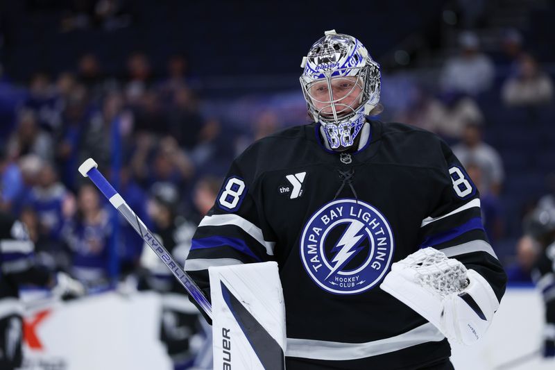 Feb 1, 2025; Tampa, Florida, USA; Tampa Bay Lightning goaltender Andrei Vasilevskiy (88)) warms up before a game against the New York Islanders at Amalie Arena. Mandatory Credit: Nathan Ray Seebeck-Imagn Images