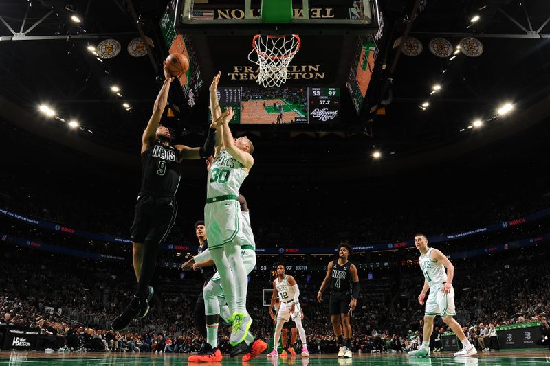 BOSTON, MA - FEBRUARY 14: Trendon Watford #9 of the Brooklyn Nets drives to the basket during the game against the Boston Celtics on February 14, 2024 at the TD Garden in Boston, Massachusetts. NOTE TO USER: User expressly acknowledges and agrees that, by downloading and or using this photograph, User is consenting to the terms and conditions of the Getty Images License Agreement. Mandatory Copyright Notice: Copyright 2024 NBAE  (Photo by Brian Babineau/NBAE via Getty Images)