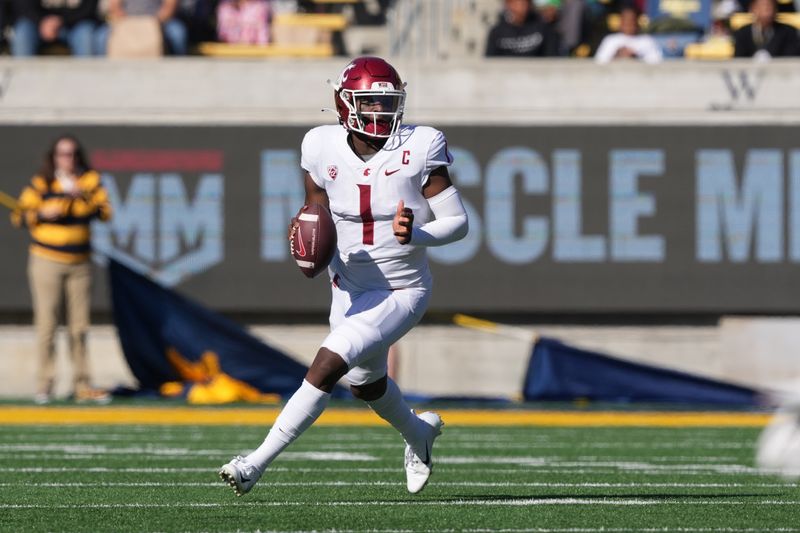 Nov 11, 2023; Berkeley, California, USA; Washington State Cougars quarterback Cameron Ward (1) rolls out against the California Golden Bears during the first quarter at California Memorial Stadium. Mandatory Credit: Darren Yamashita-USA TODAY Sports 