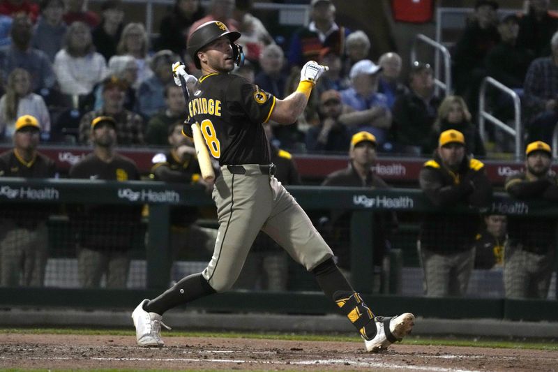 Mar 18, 2025; Scottsdale, Arizona, USA; San Diego Padres outfielder Brandon Lockridge (28) hits against the San Francisco Giants in the third inning at Scottsdale Stadium. Mandatory Credit: Rick Scuteri-Imagn Images
