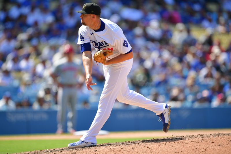 May 19, 2024; Los Angeles, California, USA; Los Angeles Dodgers pitcher Blake Treinen (49) throws against the Cincinnati Reds during the ninth inning at Dodger Stadium. Mandatory Credit: Gary A. Vasquez-USA TODAY Sports