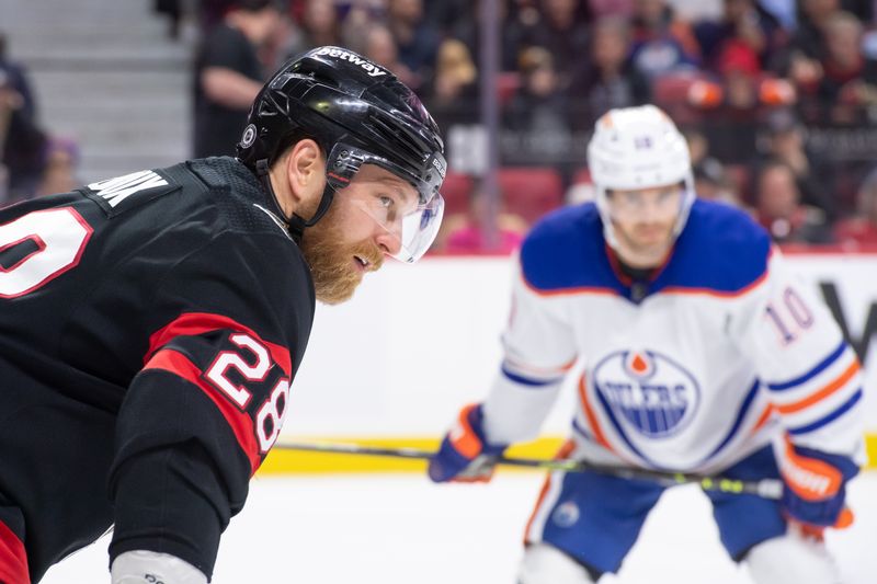 Mar 24, 2024; Ottawa, Ontario, CAN; Ottawa Senators right wing Claude Giroux (28) lines up for a face-off in the second period against the  Edmonton Oilers at the Canadian Tire Centre. Mandatory Credit: Marc DesRosiers-USA TODAY Sports