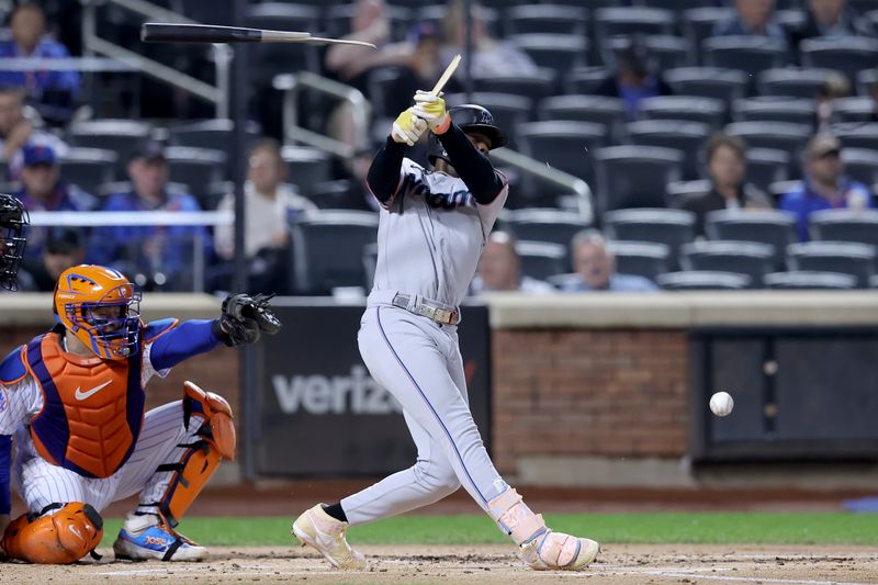 Sep 28, 2023; New York City, New York, USA; Miami Marlins center fielder Jazz Chisholm Jr. (2) breaks his bat on a ground ball out during the second inning against the New York Mets at Citi Field. Mandatory Credit: Brad Penner-USA TODAY Sports