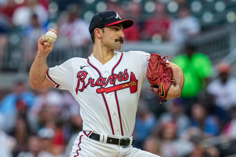 Sep 6, 2023; Cumberland, Georgia, USA; Atlanta Braves starting pitcher Spencer Strider (99) pitches against the St. Louis Cardinals during the first inning at Truist Park. Mandatory Credit: Dale Zanine-USA TODAY Sports