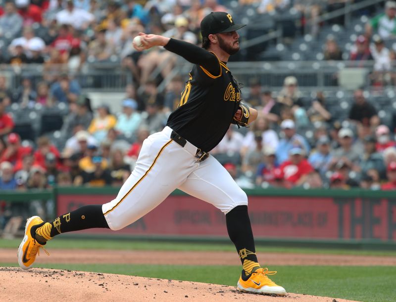 Jun 8, 2025; Pittsburgh, Pennsylvania, USA; Pittsburgh Pirates starting pitcher Paul Skenes (30) delivers a pitch against the Philadelphia Phillies during the first inning at PNC Park. Mandatory Credit: Charles LeClaire-Imagn Images