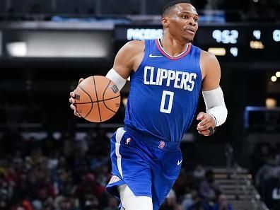 INDIANAPOLIS, INDIANA - DECEMBER 18: Russell Westbrook #0 of the Los Angeles Clippers dribbles the ball in the fourth quarter against the Indiana Pacers at Gainbridge Fieldhouse on December 18, 2023 in Indianapolis, Indiana. NOTE TO USER: User expressly acknowledges and agrees that, by downloading and or using this photograph, User is consenting to the terms and conditions of the Getty Images License Agreement. (Photo by Dylan Buell/Getty Images)